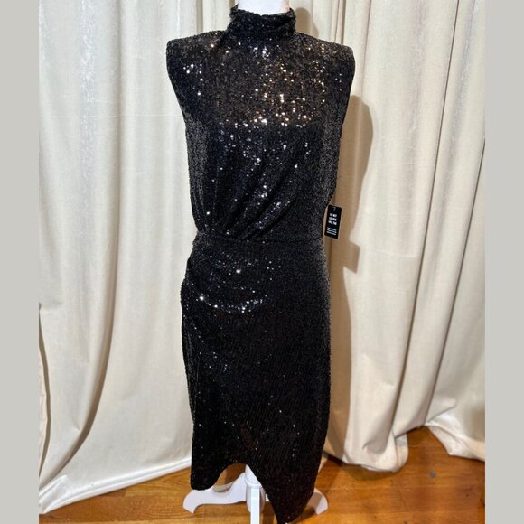 Express Sequin Midi Dress  Sleek Fit, Black, Sequins,‎ Mock Neck, Asymmetrical - Picture 4 of 9
